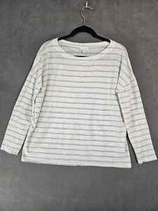 J Jill Womens Medium Boatneck Shirt White Gray Striped Long Sleeve Cotton - Picture 1 of 9