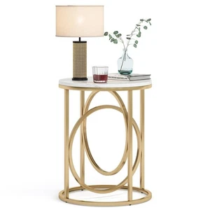 Andrea 20 in. Marble White Round Wood End Table with Gold O-shaped Base - Picture 1 of 8