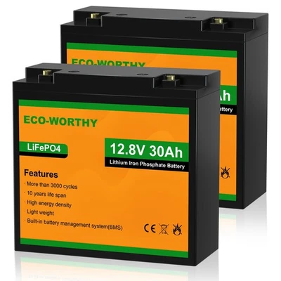 ECO-WORTHY (2 Pack) 12V 30Ah LiFePO4 Lithium Iron Phosphate Battery, 3000+ Deep - Image 1 of 4