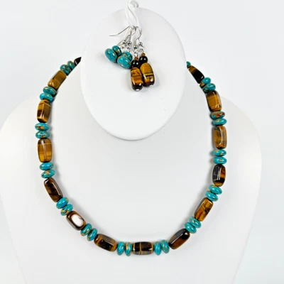 Collar genuino ojo de tigre y turquesa con 2 juegos de pendientes - joyería de piedras preciosas Foto 1 de 4