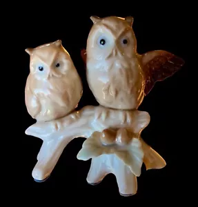Otagiri Japan 2 Owls Sitting On A Stump open wings Figurine Vintage Porcelain - Picture 1 of 9