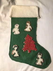 Vintage 1960’s Filz Pailletten handgefertigter Weihnachtsstrumpf ~ Engel ~ 12” groß - Bild 1 von 6