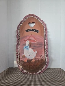 Vintage Folk Art Goose Welcome Sign Wood Hand Painted Fabric Border 18" - Picture 1 of 19