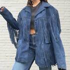 Womens Western Blue Leather Suede Cowgirl Native American Fringes Tassel Jacket