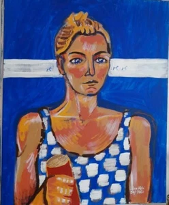 Portrait blonde Frau mit Getränk 24x30 Acryl auf Leinwand Original Gemälde - Bild 1 von 8