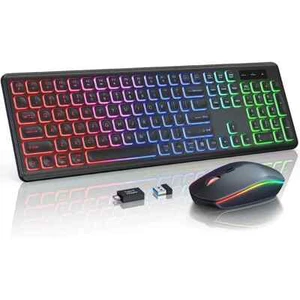 Wireless Keyboard and Mouse Combo RGB Backlit, Rechargeable Light Up Letters - Picture 1 of 21