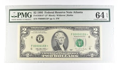 1995 $2 Atlanta GA FRN Fr#1936-F* Star Error Gem Unc 64 EPQ PMG Low Serial *5456 - Image 1 of 3