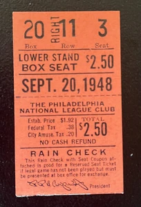 VINTAGE 9/20/48 PHILLIES/PIRATES TICKET STUB-ROBIN ROBERTS CAREER WIN #7 - Picture 1 of 1