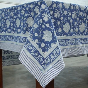 - Dark Blue and White Floral Hand Block Print Cotton Cloth Dinning Table Cover W - Picture 1 of 7