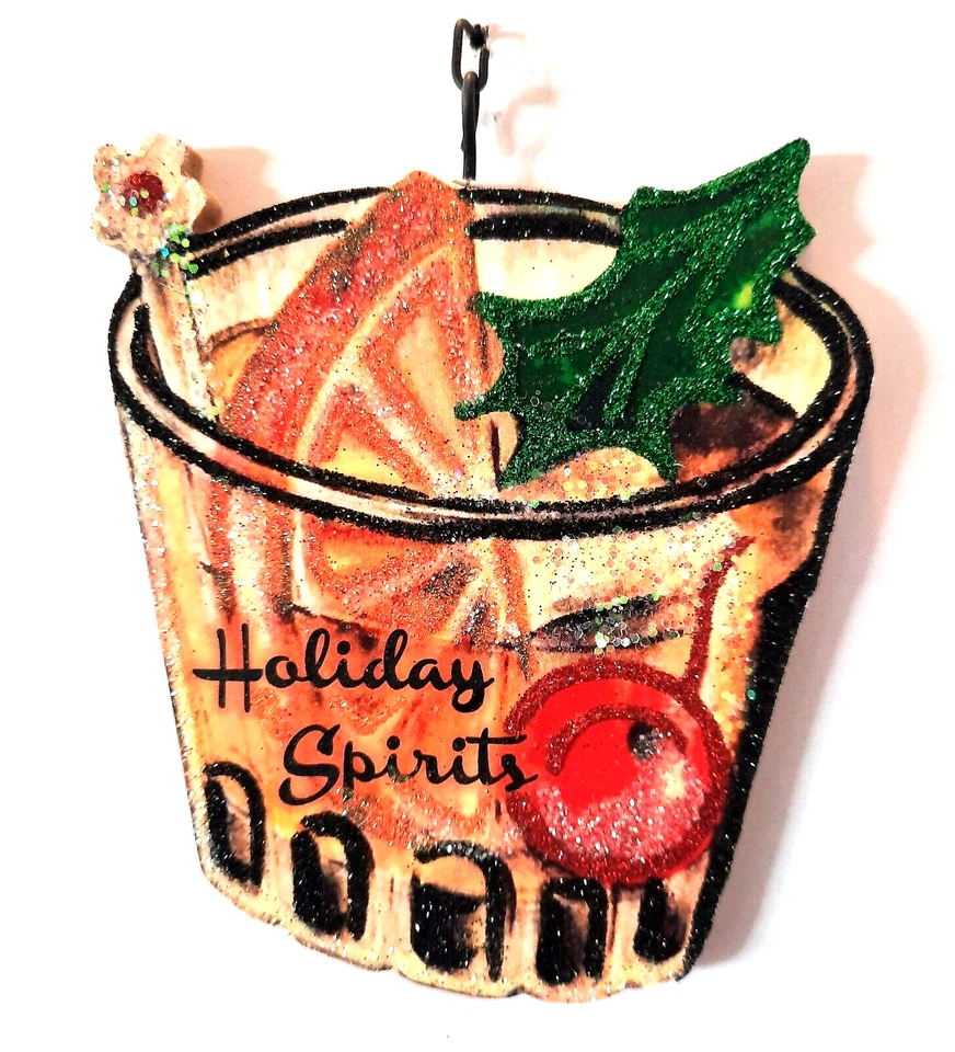 STROMBOLI'S WAGON PARTY COCKTAIL - HOLIDAY SPIRITS * Glitter CHRISTMAS ORNAMENT * Vtg Img
