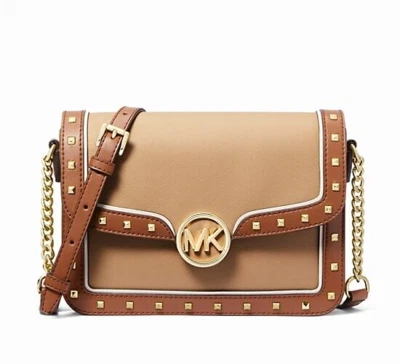 Bolso de hombro Michael Kors Leida mediano con tachuelas, cadena con solapa camel NUEVO🎀NUEVO CON ETIQUETAS🎁 Foto 1 de 4