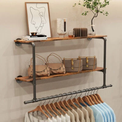 Heavy Duty Pipe Clothes Rail Wall Mounted Garment Rack with 2 Tiers Open Shelves - Image 1 of 4