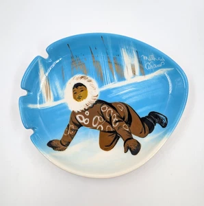 Vintage Matthew Adams Alaskan Pottery Ash Tray Blue with Eskimo Child Tobacciana - Picture 1 of 10
