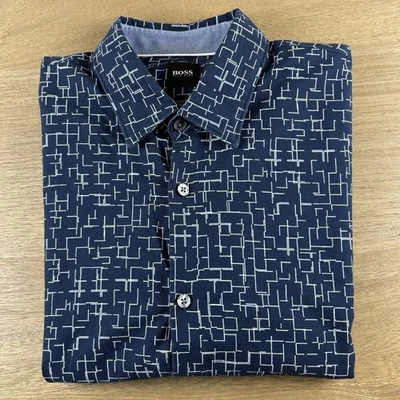 Hugo Boss Cotton Bamboo Slim Fit Short Sleeve Button-Up Shirt Blue Mens Size M - Image 1 of 4