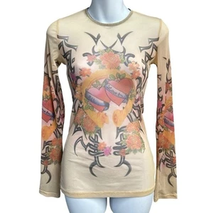 Vintage Forever21 Y2K Tattoo Sheer Mesh Long Sleeve Top Love Heart Wire Floral - Bild 1 von 11