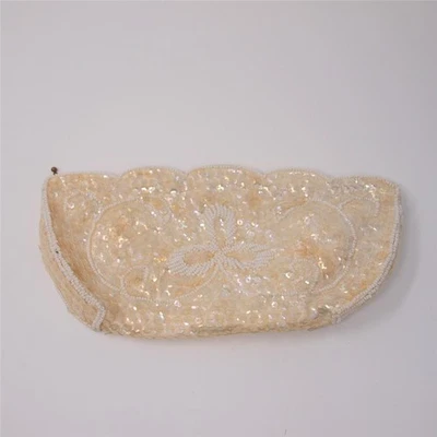 Bolsa de embreagem vintage anos 50 anos 60 LA REGALE Products Mod branca creme miçangas lantejoulas Japão - Imagem 1 de 4