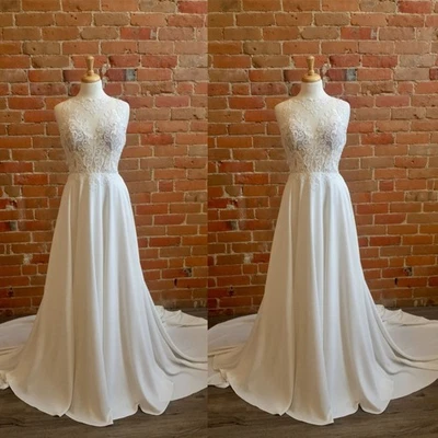 Satin Wedding Dresses Sleeveless Illusion Lace Applique Sweep Train Bridal Gown - Image 1 of 4
