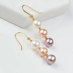 Pendientes de perlas FW multicolores hechos a mano de 7,5-8 mm gancho relleno de oro amarillo de 14K, 1,6" - Imagen 1 de 6