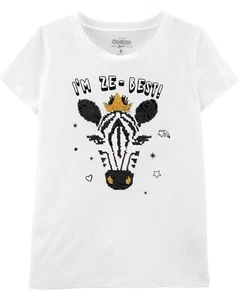 New Girl's OshKosh B'gosh Short Sleeve Flip sequins Zebra White T-shirt Kids - Picture 1 of 6