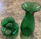 Vintage Set Of 2 Anchor Hocking Emerald Green Vases Decor 3.5” & 6.5” Ruffled