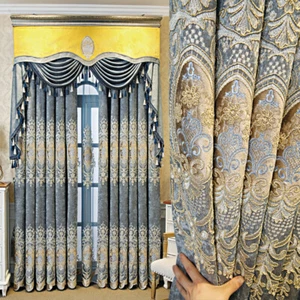 Chenille embroidered grey blue cloth blackout curtain tulle valance drape C1134 - Picture 1 of 12