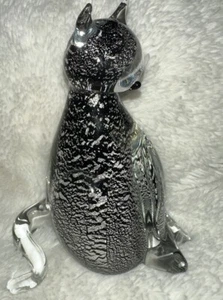 Vintage Murano Glass Cat Figurines Oball Sommerso Silver Black Italian Retro - Picture 1 of 8