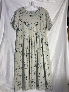 Vintage L 100% Cotton Gathered T-shirt Dress CMI Mint Green Floral Long Modest - Picture 1 of 18