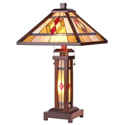 26" Tiffany Style Arts & Crafts Mission Wooden Lighted Base Table Lamp 15" Shade - Image 1 of 3