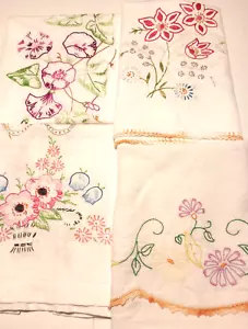 Linens Runners Scarves Lot 4 Vintage Hand-Embroidery Florals Crochet Trim Cotton - Picture 1 of 5
