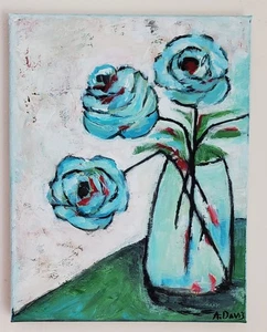 A.Z. Davis 10" x 8" Painting Colorful Modern Naive Folk Still Life Fantasy Art - Picture 1 of 4