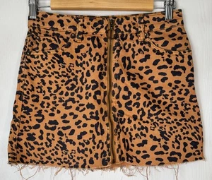 FREE PEOPLE Skirt Women Size 24” Leopard Animal Zip Front Frayed Denim Mini - Picture 1 of 7