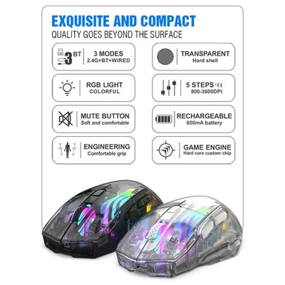 Black Wireless 2.4G BT5.0 Wired Tri-Mode Rechargeable Gaming Mouse 3600DPI HEN - Image 1 of 4