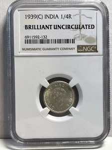 Graded S2 - British India 1/4 Rupee 1939(C) NGC (BU) Brilliant Unc. Silver Coin - Picture 1 of 2