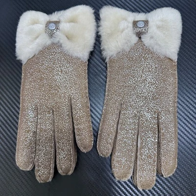 Guantes UGG Cuero Lazo Metálico Pantalla Táctil Piel Oveja Castaño Mujer S Foto 1 de 4