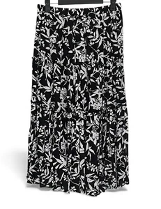 Gonna midi Cynthia Rowley nera bianca floreale a strati rayon piccoli bottoni davanti S - Foto 1 di 9