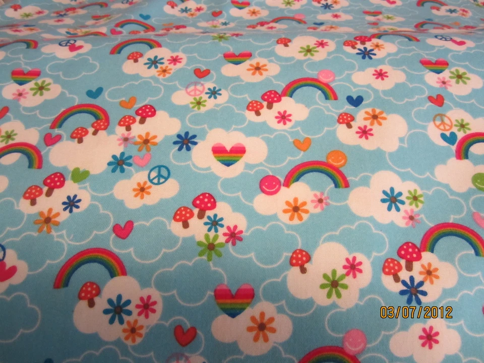 Rainbows clouds hearts peace flowers baby toddler sheet set blue flannel - Image 1 of 1