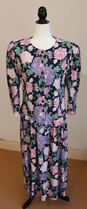 Vintage 80s Button Up Dress Floral Navy/Pink Size 10 (Large) Eber Made in USA - Bild 1 von 8