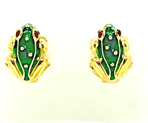 Rote Augen Baum Frosch Granat grüne Emaille 18kt Gelbgold Omega Clip Ohrring 14,93 g - Bild 1 von 13
