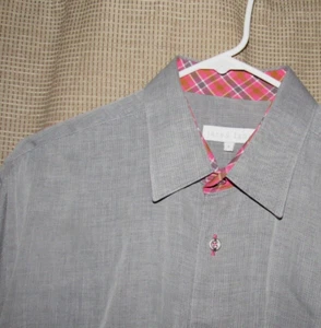 JARED LANG Mens Sz Large Solid Gray Button Up Shirt Contrast Cuffs Roll Tab Slv - Picture 1 of 5