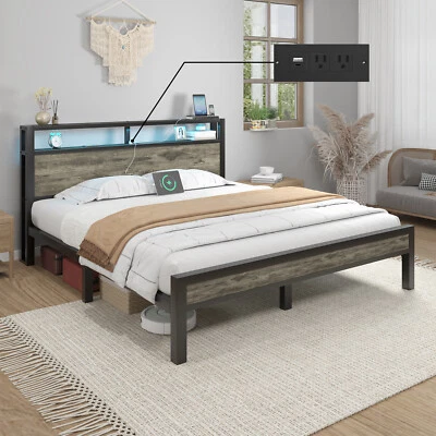 Metal Bed Frame Full/Queen/King with Storage Headboard and Charging Station/Grey - Image 1 of 4