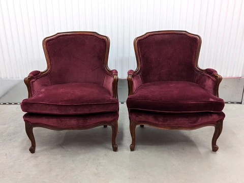 French Louis XV Merlot Velvet Bergere Chairs by Century Furniture Cover