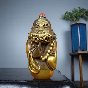 noble art Coloured glaze carved bodhidharma statue paint in gold snuff bottle - Picture 1 of 9