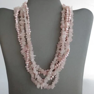 Pink Freshwater Pearl Rose Quartz Necklace 5 Strands Sterling Silver 18” - 20” - Picture 1 of 8