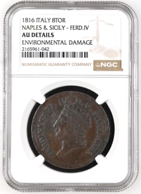 1816 Italian States Naples & Sicily 8 Tornesi, NGC AU Details, KM-272, Italy - Image 1 of 2