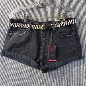 No Boundaries Jean Shorts Womens 11 Black Dark Wash Denim Cuffed Belted Low Rise - Picture 1 of 17