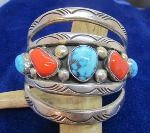 VTG S.W.  NATIVE  AMERICAN  MONTY JOHNSON CUFF   W/ TURQ  & CORAL  S TERLING - Picture 1 of 8