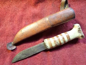 HANDMADE HUNTING KNIFE w HORN HANDLE & LEATHER SHEATH SAMI PEOPLE SWEDEN SWEDISH - Picture 1 of 9