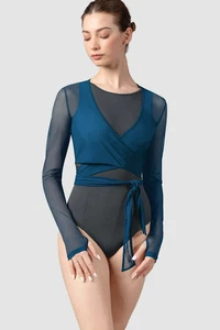 Bloch Dance Ladies Bethan Mesh Wrap Top Peacock Blue Size Small UK 8 - Picture 1 of 3