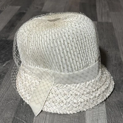 VTG Peggy  White/Pale Cream Pillbox Hat with Net/ Veil & Bow Mid Century NOS - Image 1 of 4