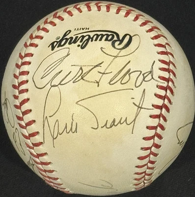 BÉISBOL EN LÍNEA FIRMADO POR ANTIGUOS TIEMPOS CON CURT FLOOD LOU BROCK LUIS TIANT GTP Foto 1 de 4